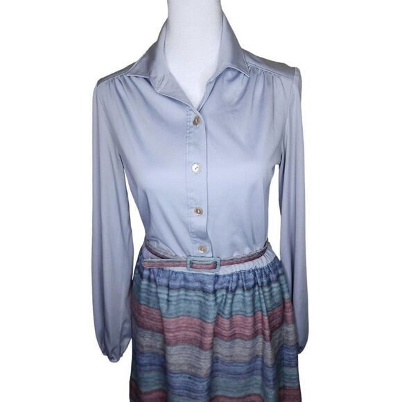 Vintage 70s Kay Windsor Belted Shirt Dress Womens Size M Blue Preppy Academia Of - Picture 2 of 6